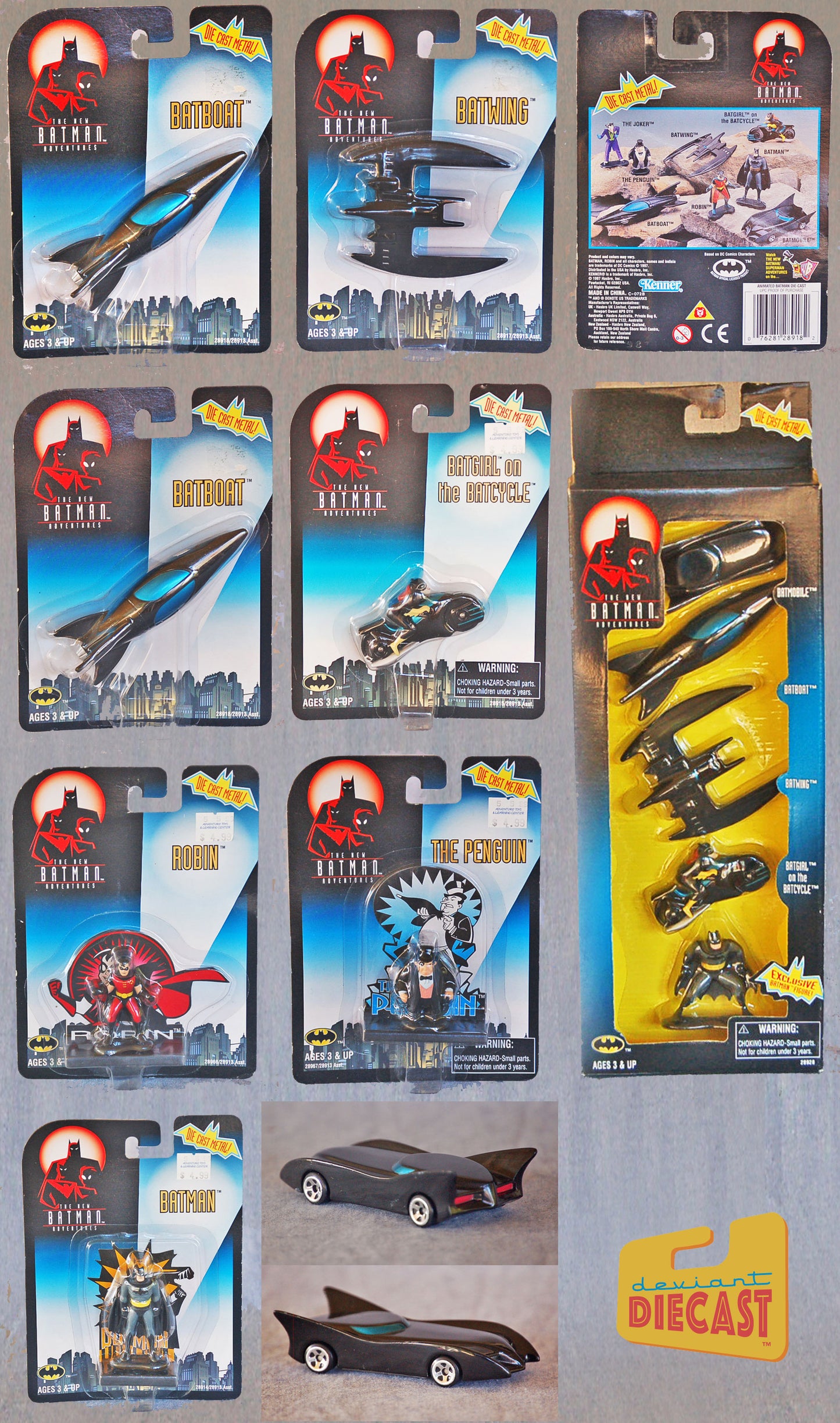 1997 Kenner New Adventures of Batman Die-cast collection: Batmobile, Batboat, Batwing, Batgirl, Robin, Joker